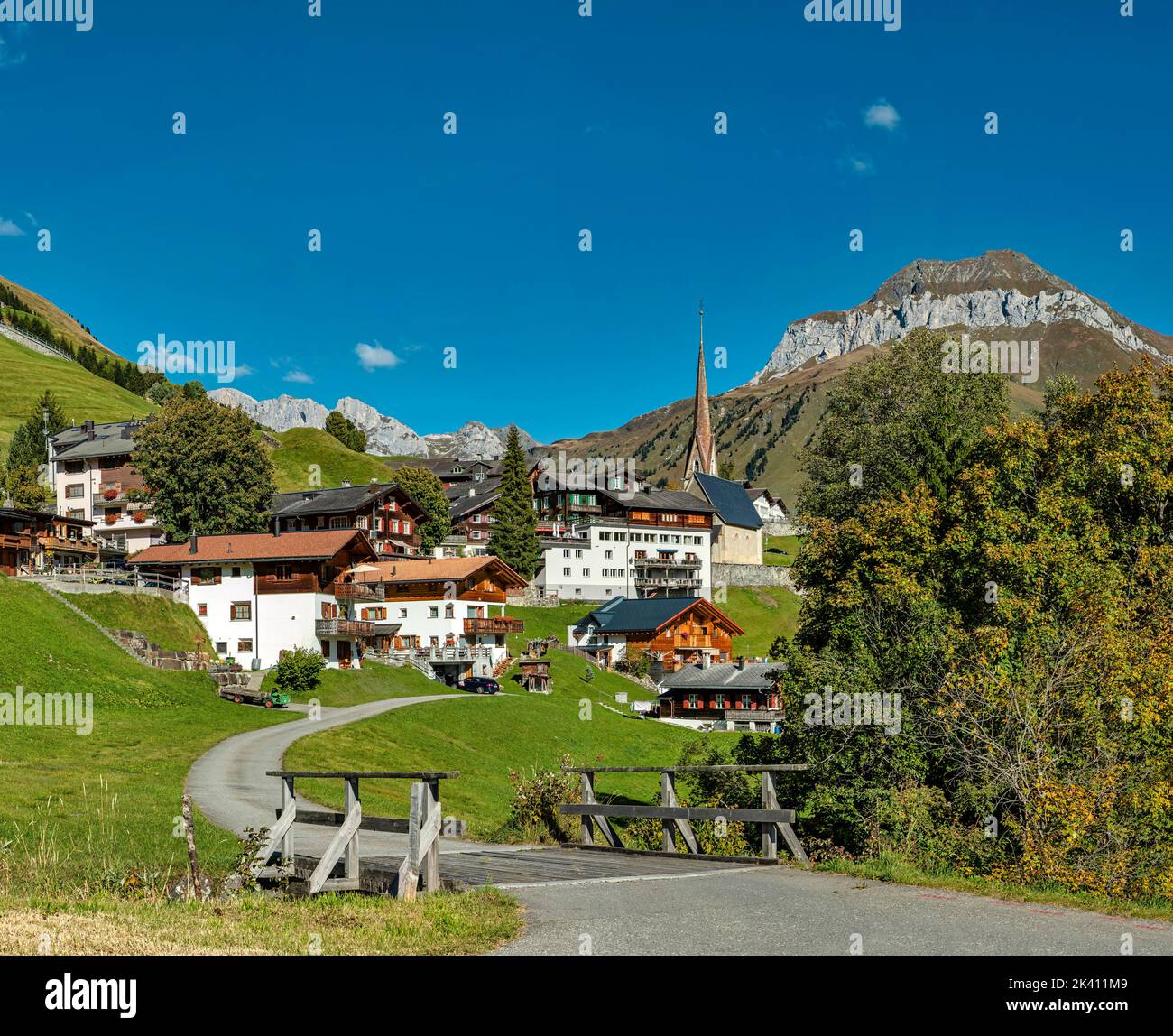 Vista su un villaggio di montagna *** Caption locale *** Sankt Antönien, Graubünden, Svizzera, città, villaggio, campo, prato, alberi, autunno, montagne, ciao Foto Stock