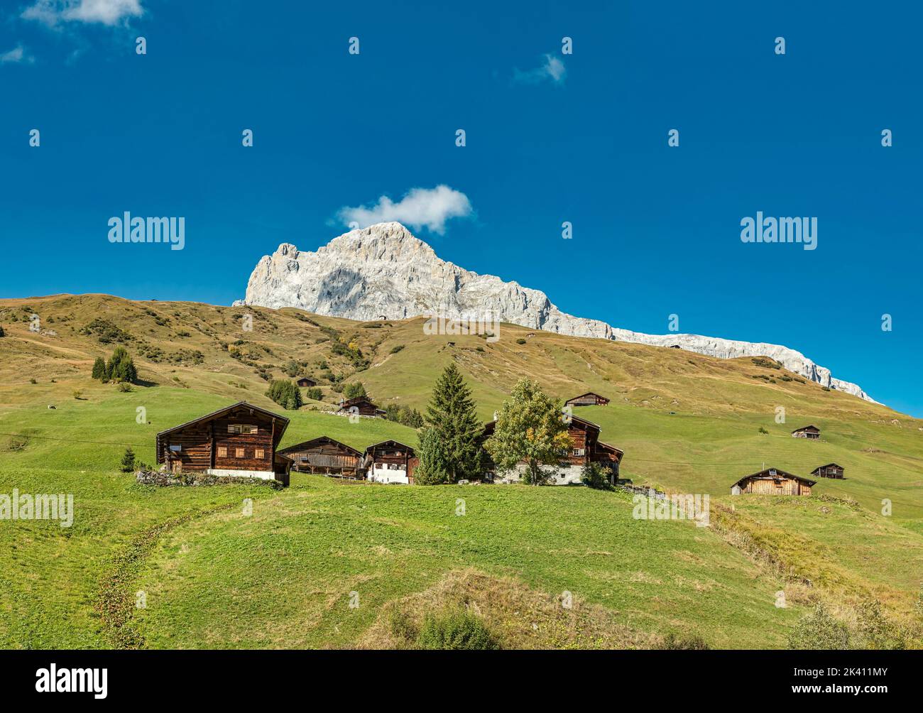 Case coloniche sparse, la valle di Schanielenbach e una vista sul Sulzfluh, Pratigau *** Caption locale *** Sankt Antönien, Graubünden, Svizzera, terra Foto Stock