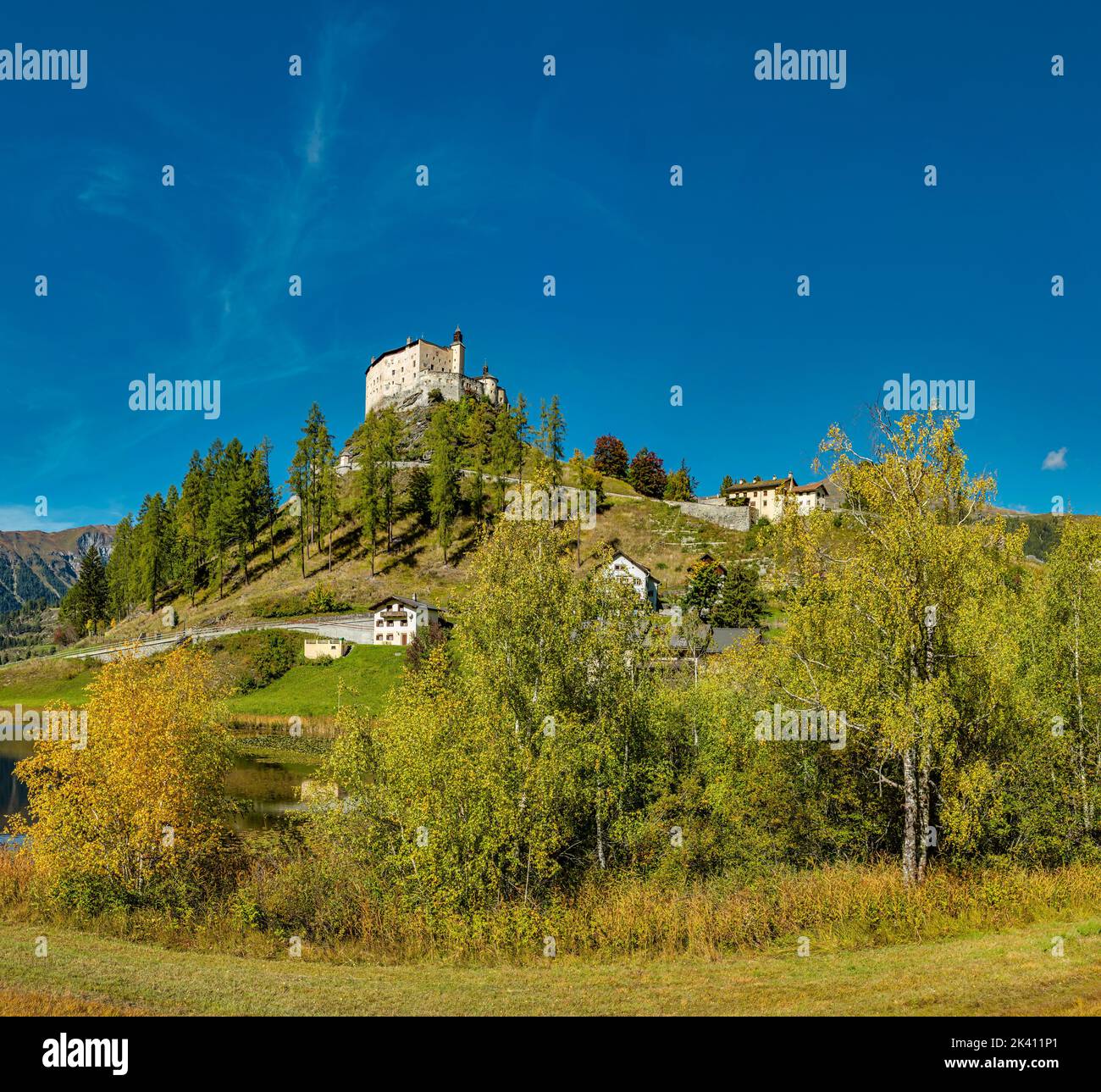 Castello di Tarasp *** Caption locale *** Tarasp - Scuol, Graubünden, Svizzera, castello, foresta, legno, alberi, autunno, montagne, colline, Foto Stock