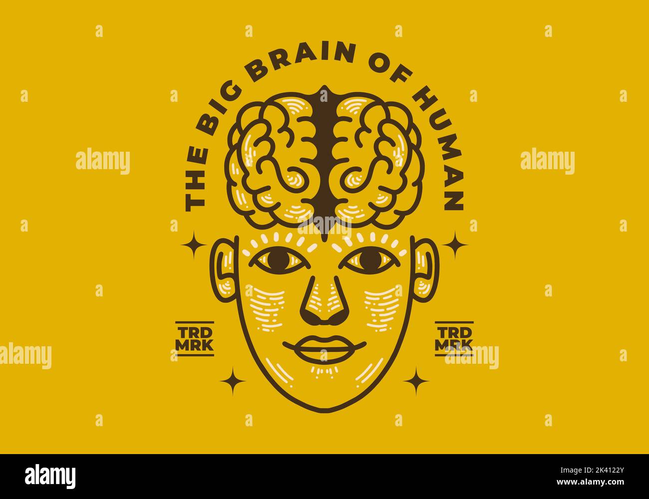 Design d'arte retrò vintage di un volto di un uomo con un grande cervello Illustrazione Vettoriale