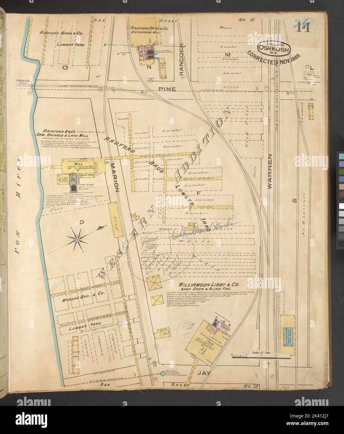 Oshkosh, Wisconsin ... : Corretto novembre 1885 ... Sanborn Map & Publishing Co... Cartografica. Atlanti, Mappe. 1885 - 1887. Lionel Pincus e la Principessa Firyal Map Division. Oshkosh (Wisconsin), assicurazione antincendio , Wisconsin , Oshkosh Foto Stock