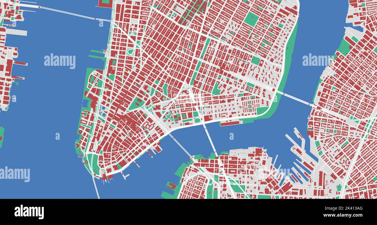 Mappa vettoriale del centro di New York. Mappa dettagliata dell'area amministrativa di New York. Panorama urbano. Road Map con edifici, acqua, foresta. Dic. Turistica Illustrazione Vettoriale