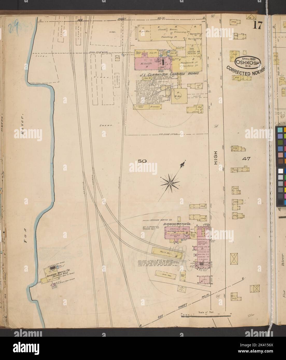 Oshkosh, Wisconsin ... : Corretto novembre 1885 ... Sanborn Map & Publishing Co... Cartografica. Atlanti, Mappe. 1885 - 1887. Lionel Pincus e la Principessa Firyal Map Division. Oshkosh (Wisconsin), assicurazione antincendio , Wisconsin , Oshkosh Foto Stock