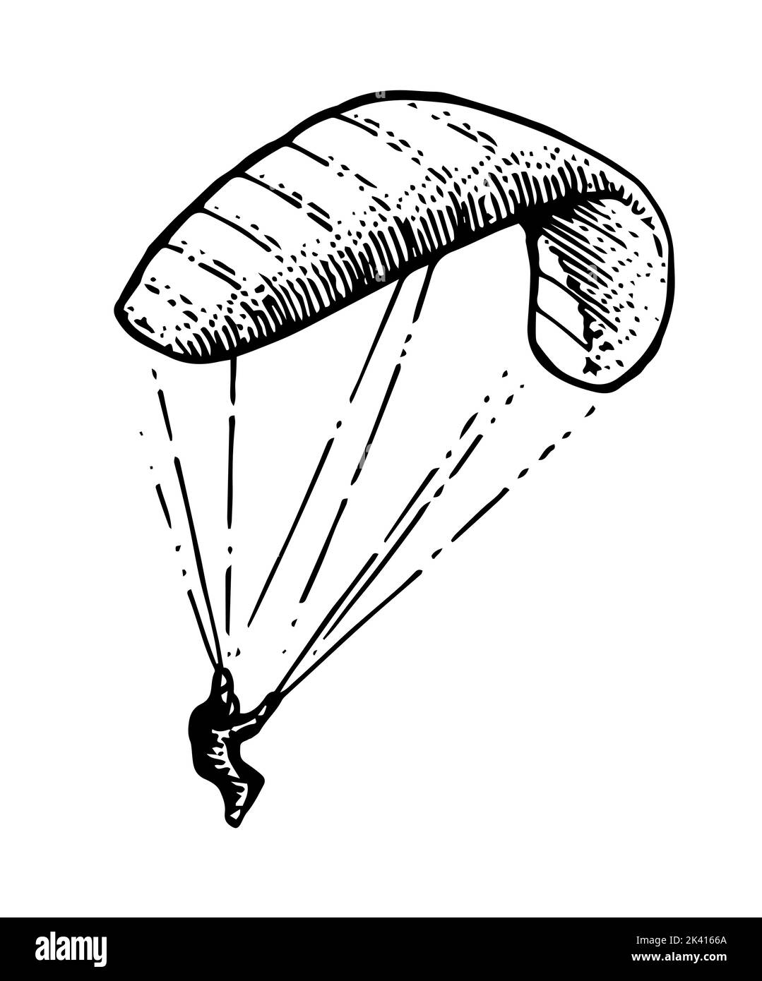 Il paracadutista discende. Parapendio paracadute. Sport estremi. Volo ad alta quota controllato. Schizzo del contorno disegnato a mano. Isolato su bianco Illustrazione Vettoriale