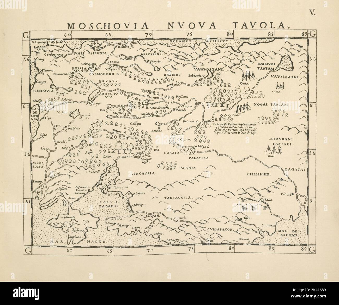 Karta rossi Ia. Gastal'do 1548 iz italianskago perevoda Geografia Tolemeia, Venetiis, 1561 tekst str.9 Una mappa della Russia di Ia. Gastaldo, 1548 dalla traduzione italiana di Tolomeo Geografia, Venezia, 1548. Testo p.9 cartografico. Mappe. 1899. Divisione Ricerca generale. Cartografia , Russia , Storia, Russia Foto Stock