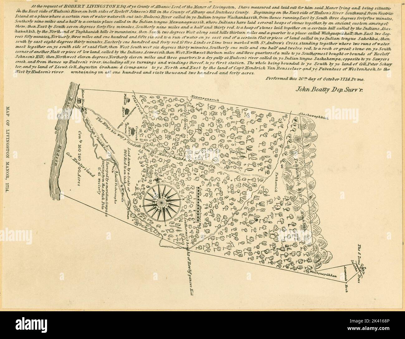 Mappa di Livingston Manor, 1714 Cartographic. Mappe. 1893. Lionel Pincus e la Principessa Firyal Map Division. Contea di Dutchess (N.Y.) , Mappe, Livingston, Robert, 1654-1728 , Case e luoghi di ritrovo, Livingston Manor (N.Y. : Estate) , Mappe, Surveying , New York (Stato) , Dutchess County Foto Stock