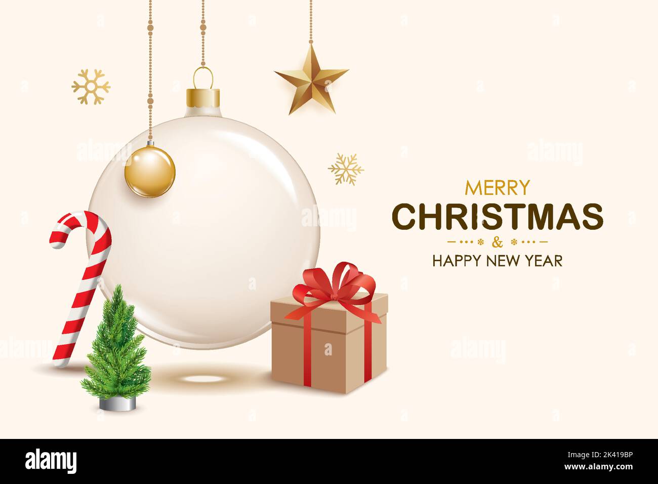 Allegro palla di vetro di natale e decorazione oggetto per volantino brochure design su sfondo bianco invito tema concetto. Buon banner di auguri per le feste Illustrazione Vettoriale