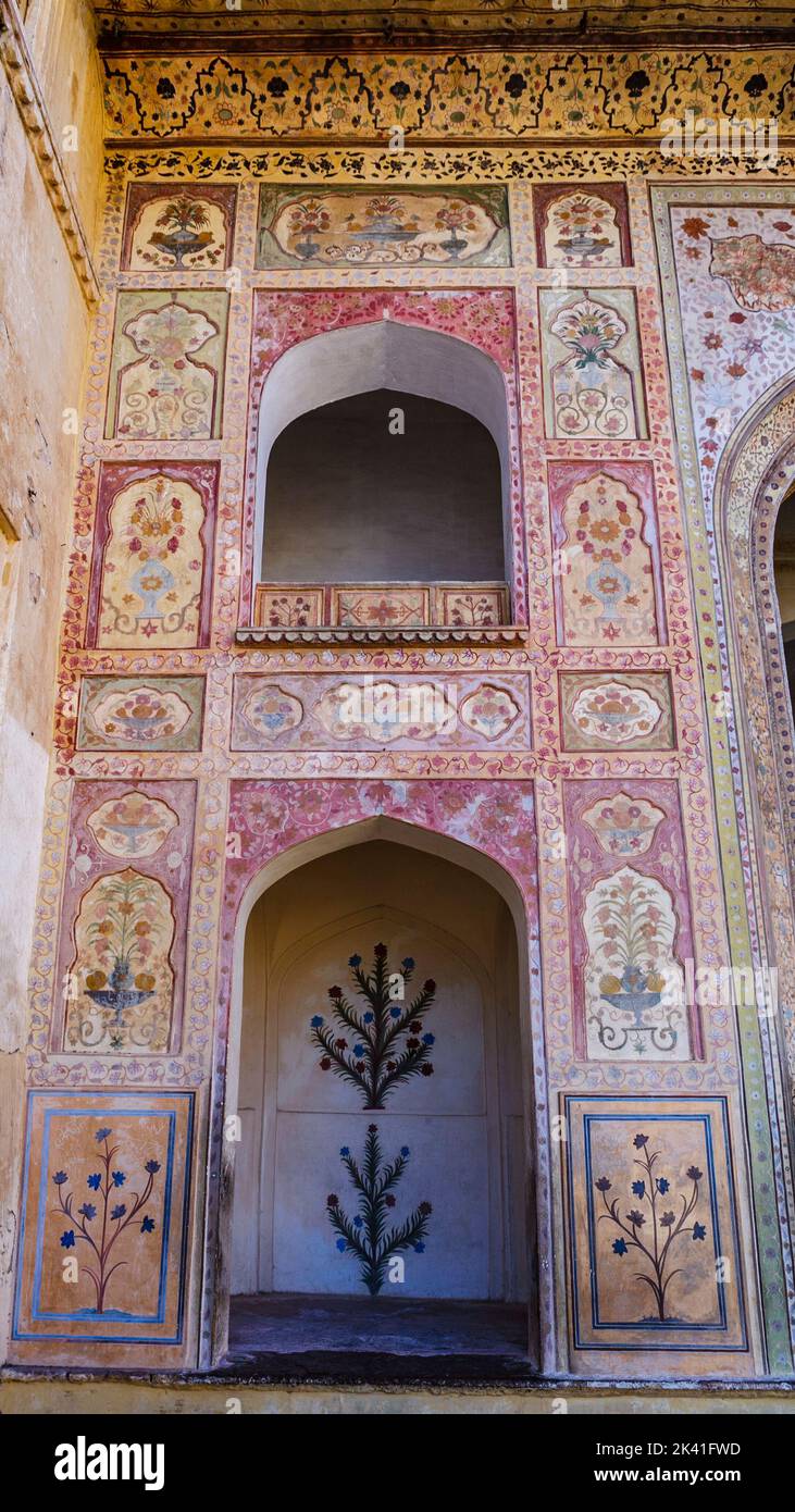 Esterno decorato ricco di Amber Fort, Jaipur, Rajasthan, India, Asia Foto Stock