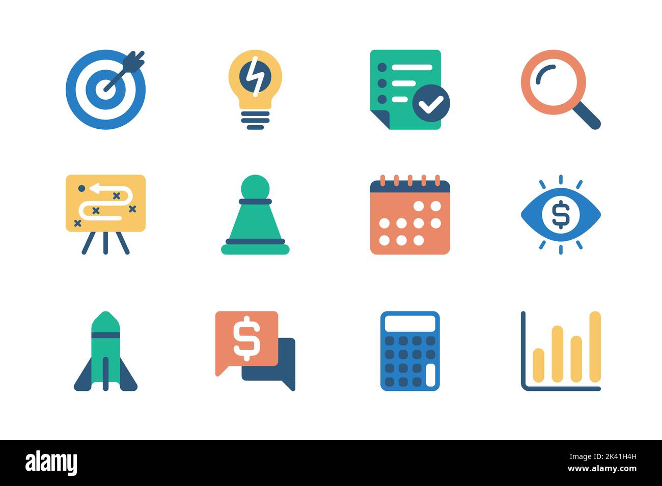 Concetto di business planning di icone web impostato in semplice design piatto. Pacchetto di target, brainstorming, ricerca, strategia, calendario, startup, soldi Illustrazione Vettoriale
