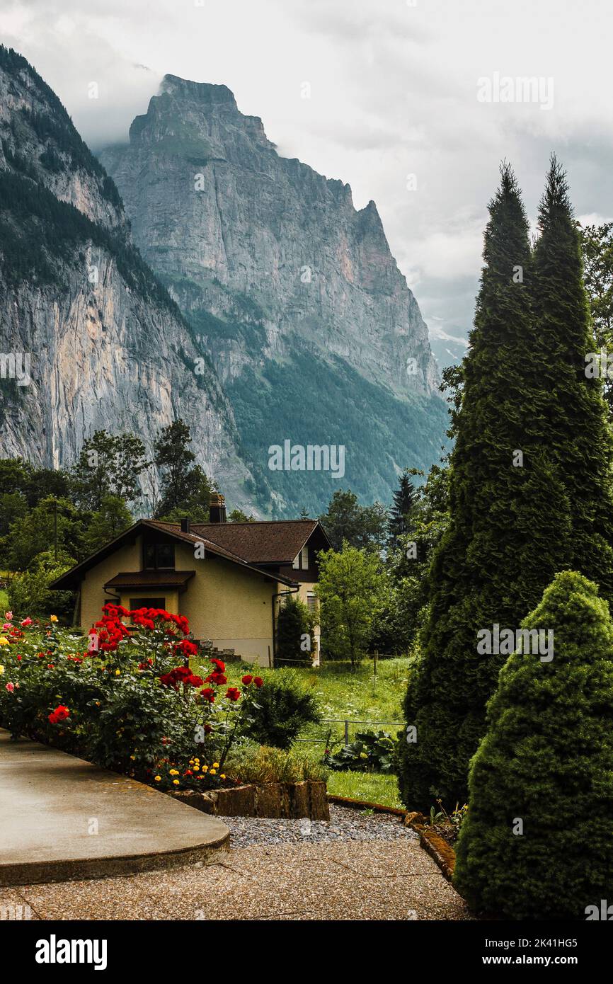 Tradizionale cortile chalet nella valle di Lauterbrunnen, Svizzera. Alpi svizzere. Villaggio in montagna. Giardino, fiori e rocce. Foto Stock