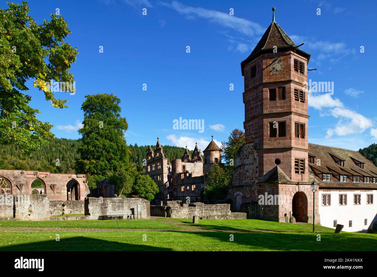 Abbazia di Hirsau (ex abbazia benedettina): rovine del castello e torre di porta (a destra), vicino a Calw nella Foresta Nera settentrionale, Baden-Württemberg, Germania Foto Stock