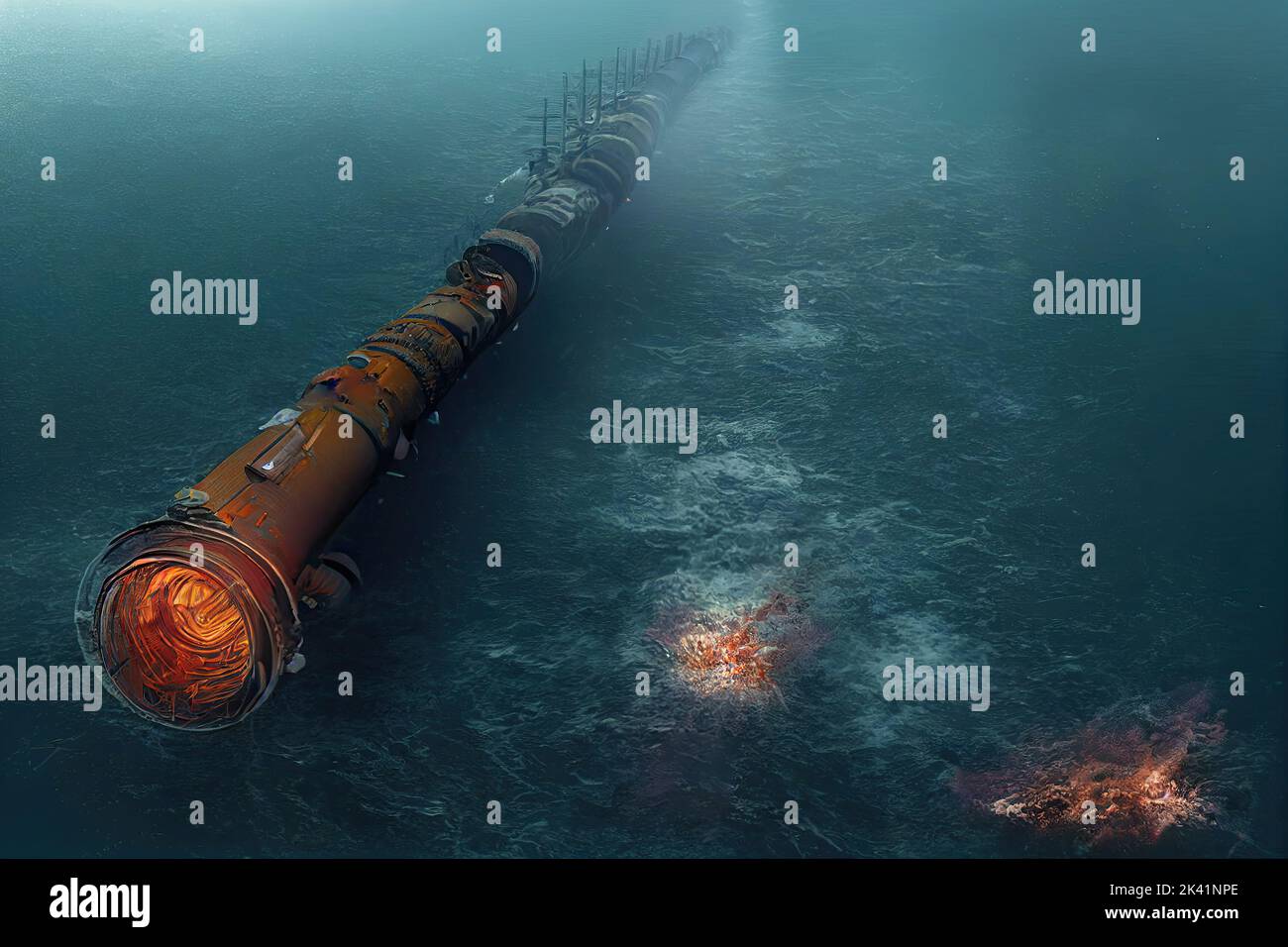 Soffiatura di gasdotti subacquei. Creare rischi climatici e inquinare il mare attraverso il sabotaggio. Illustrazione digitale 3D. Foto Stock