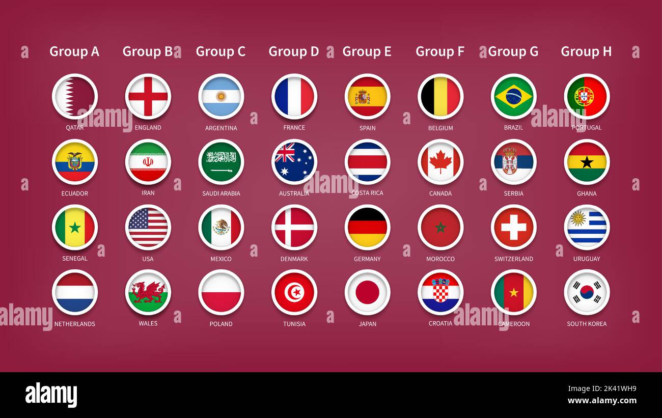 Qatar World Cup torneo 2022 . 32 squadre gruppi a pareggio finale con bandiera nazionale . Vettore . Illustrazione Vettoriale