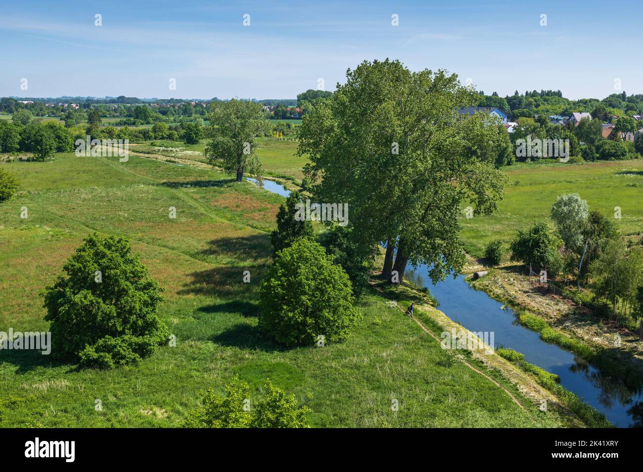 Valle del fiume Łydynia (affluente della riva sinistra del fiume Wkra) paesaggio a Ciechanów, Polonia Foto Stock