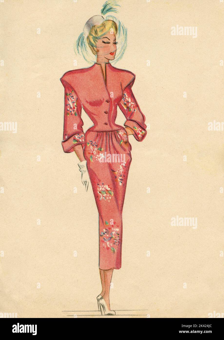 Disegno di illustrazione della moda donna: Schizzo di vestiti e accessori, Italia 1940s Foto Stock