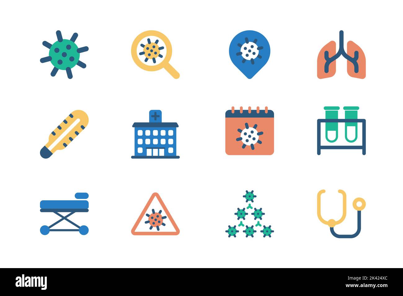 Concetto di coronavirus delle icone di fotoricettore regolato nel disegno piatto semplice. Pacchetto di virus, ricerca scientifica, laboratorio, termometro, ospedale, provetta Illustrazione Vettoriale