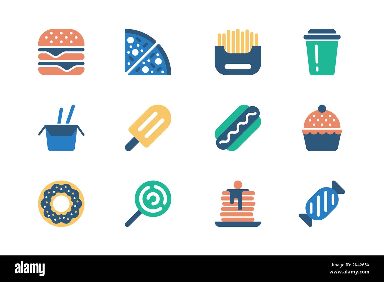 Concetto di fast food di icone web in un semplice design piatto. Pacchetto di hamburger, pizza, patatine fritte, bevande, spaghetti wok, gelato, dessert, hot dog, cupcake Illustrazione Vettoriale