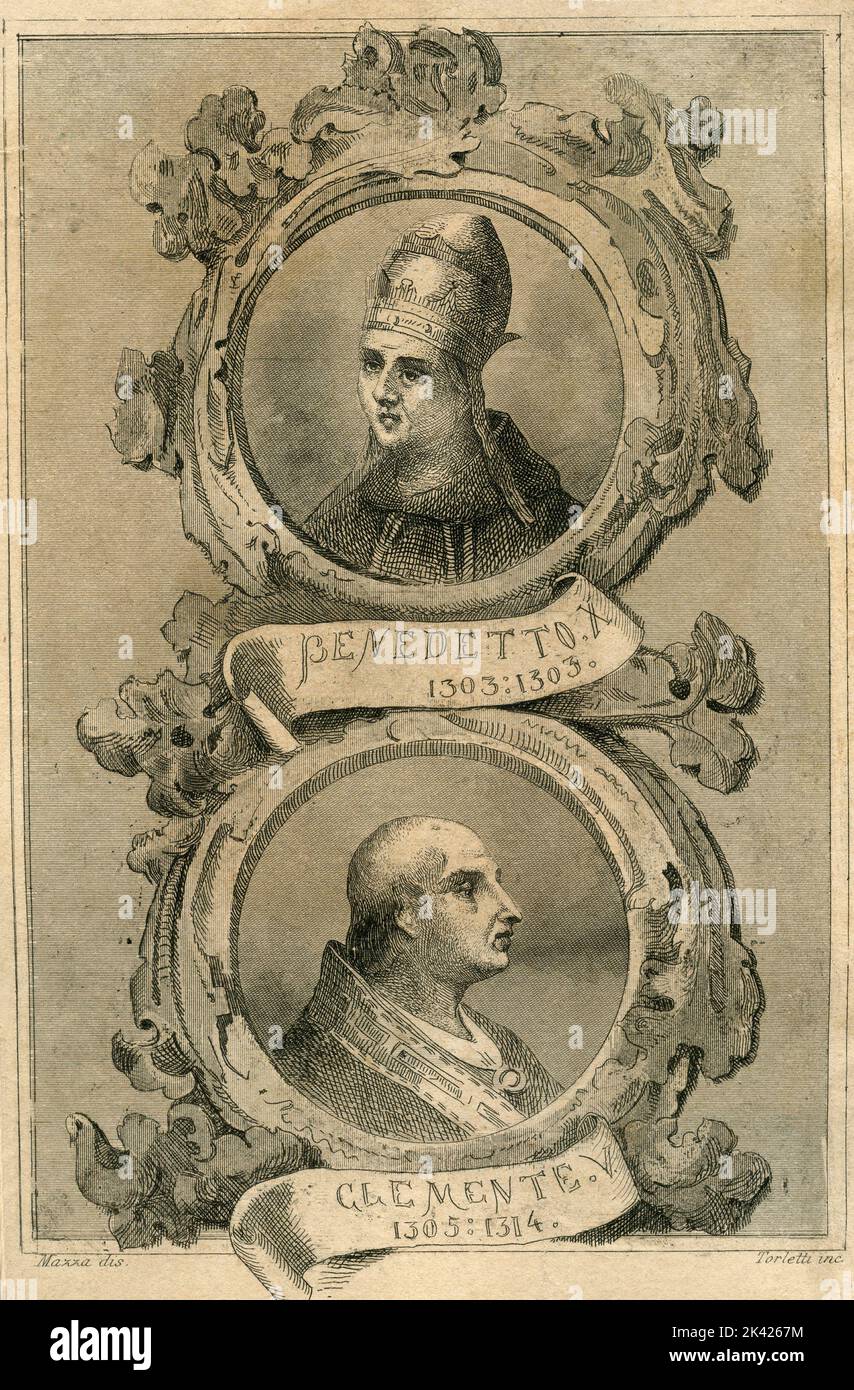 Ritratto dei papi italiani Benedetto X e Clemente V, 1700 ca. Foto Stock