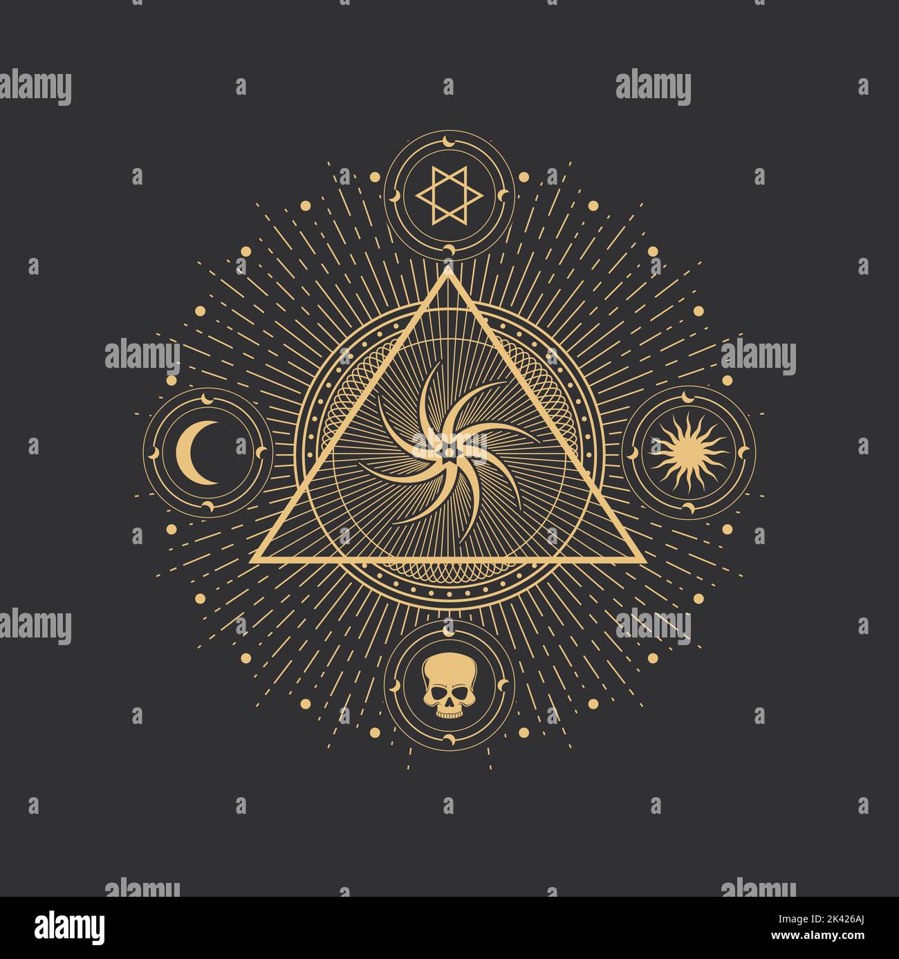 Pentagram simbolo, magia occulta ed esoterica stella e cerchio in vettore piramide. Alchimia e tarocchi simbolo di luna, sole e cranio icone in mistica ruota d'oro in triangolo, astrologia e geometria spaventata Illustrazione Vettoriale