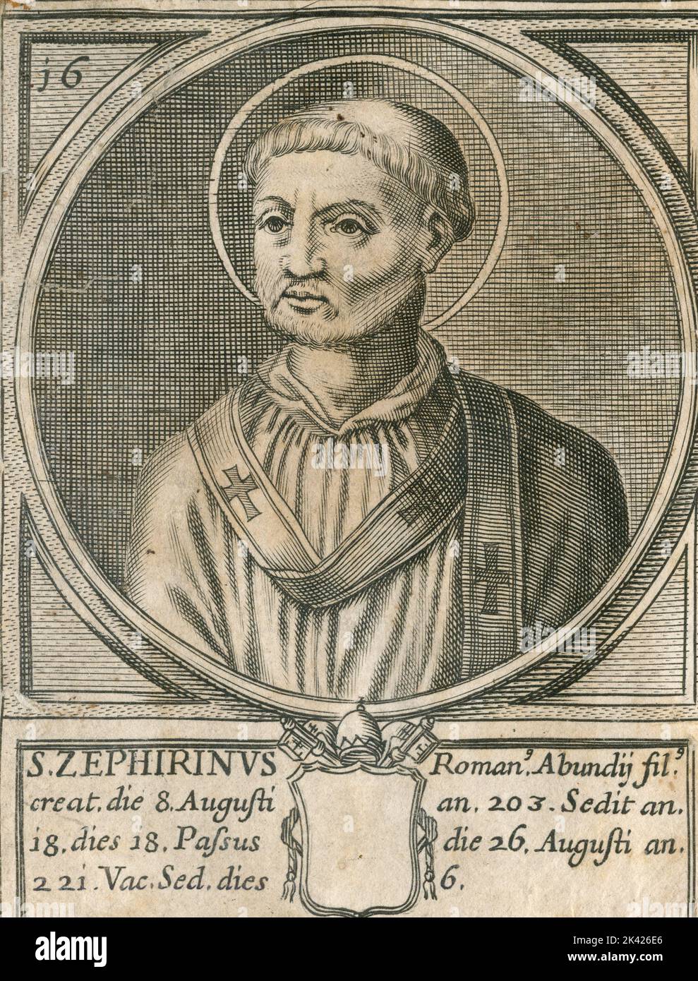 Ritratto di San Zepirino, inciso dal Summorum Romanorum Pontificum di Giovanni Giacomo de' Rossi, 1675 Foto Stock