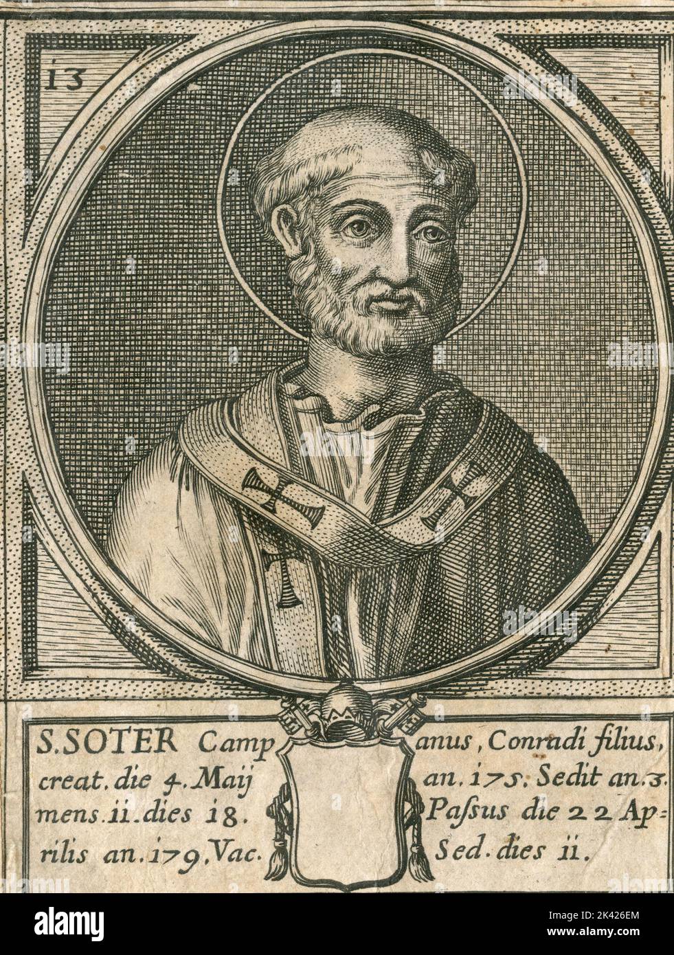 Ritratto di Papa San Soter, incisione del Summorum Romanorum Pontificum di Giovanni Giacomo de' Rossi, 1675 Foto Stock