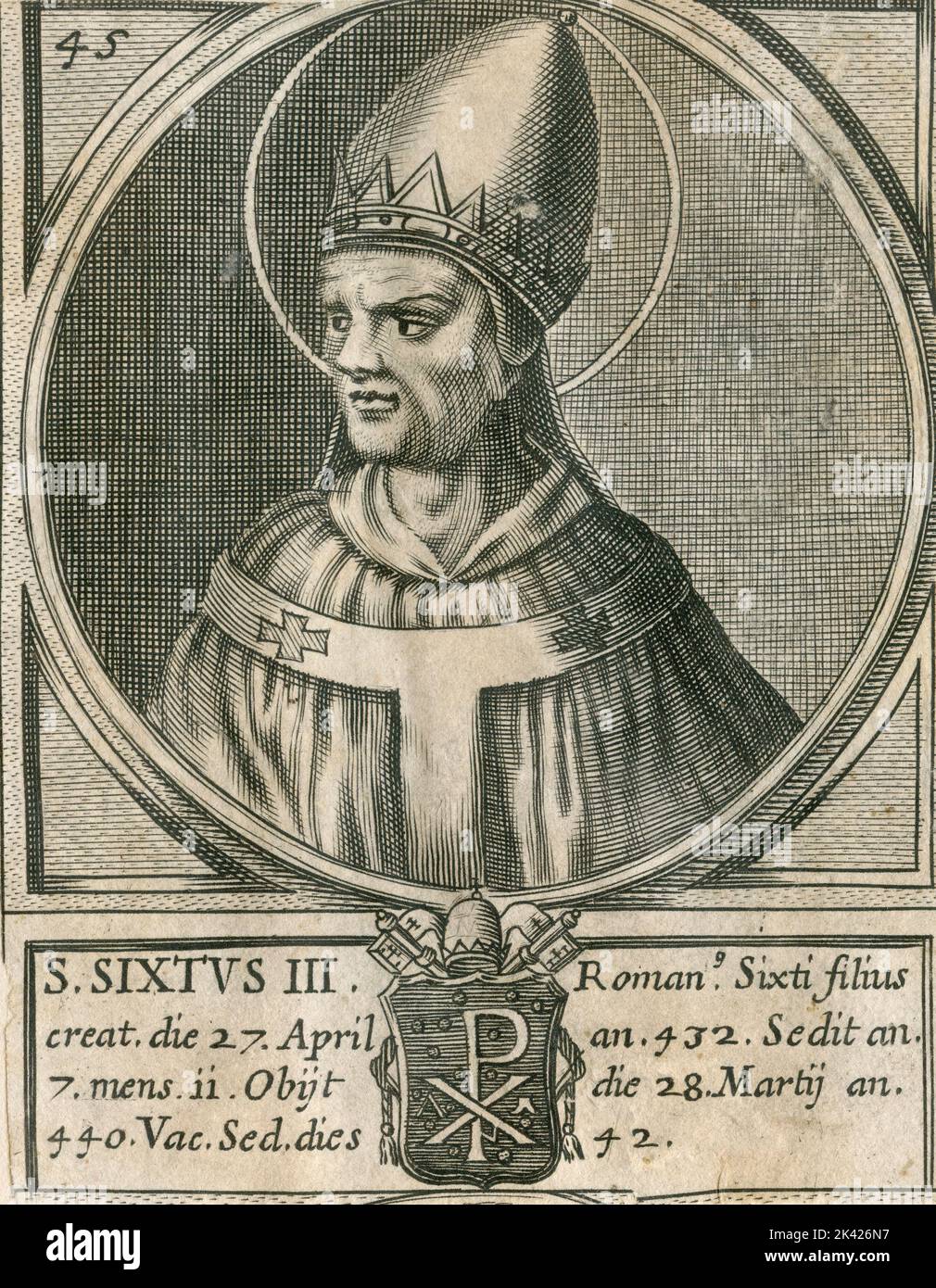 Ritratto di San Sisto III, incisione del Summorum Romanorum Pontificum di Giovanni Giacomo de' Rossi, 1675 Foto Stock