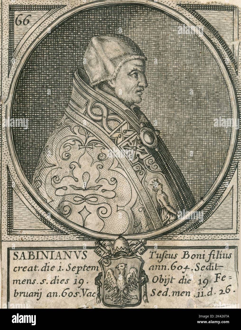 Ritratto di Papa Sabiniano, incisione del Summorum Romanorum Pontificum di Giovanni Giacomo de' Rossi, 1675 Foto Stock