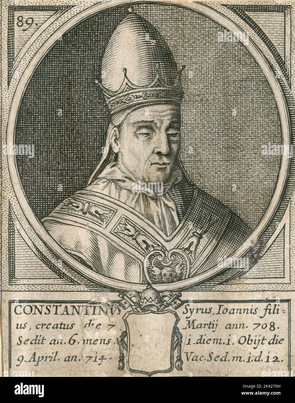 Ritratto di Papa Costantino, incisione del Summorum Romanorum Pontificum di Giovanni Giacomo de' Rossi, 1675 Foto Stock