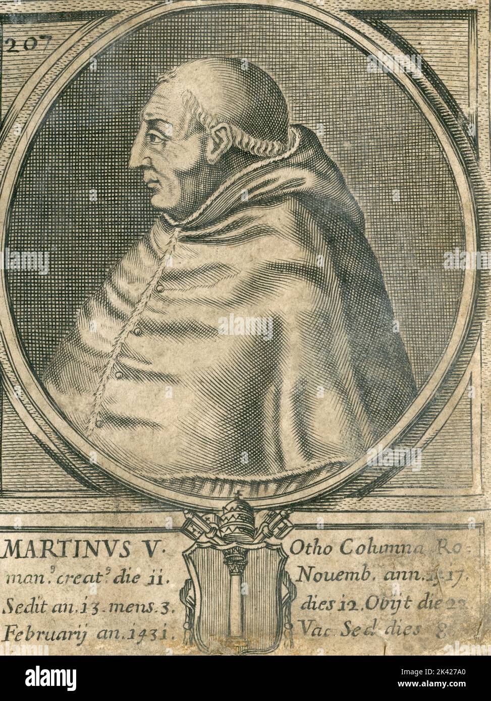 Ritratto di Papa Martino V, incisione del Summorum Romanorum Pontificum di Giovanni Giacomo de' Rossi, 1675 Foto Stock