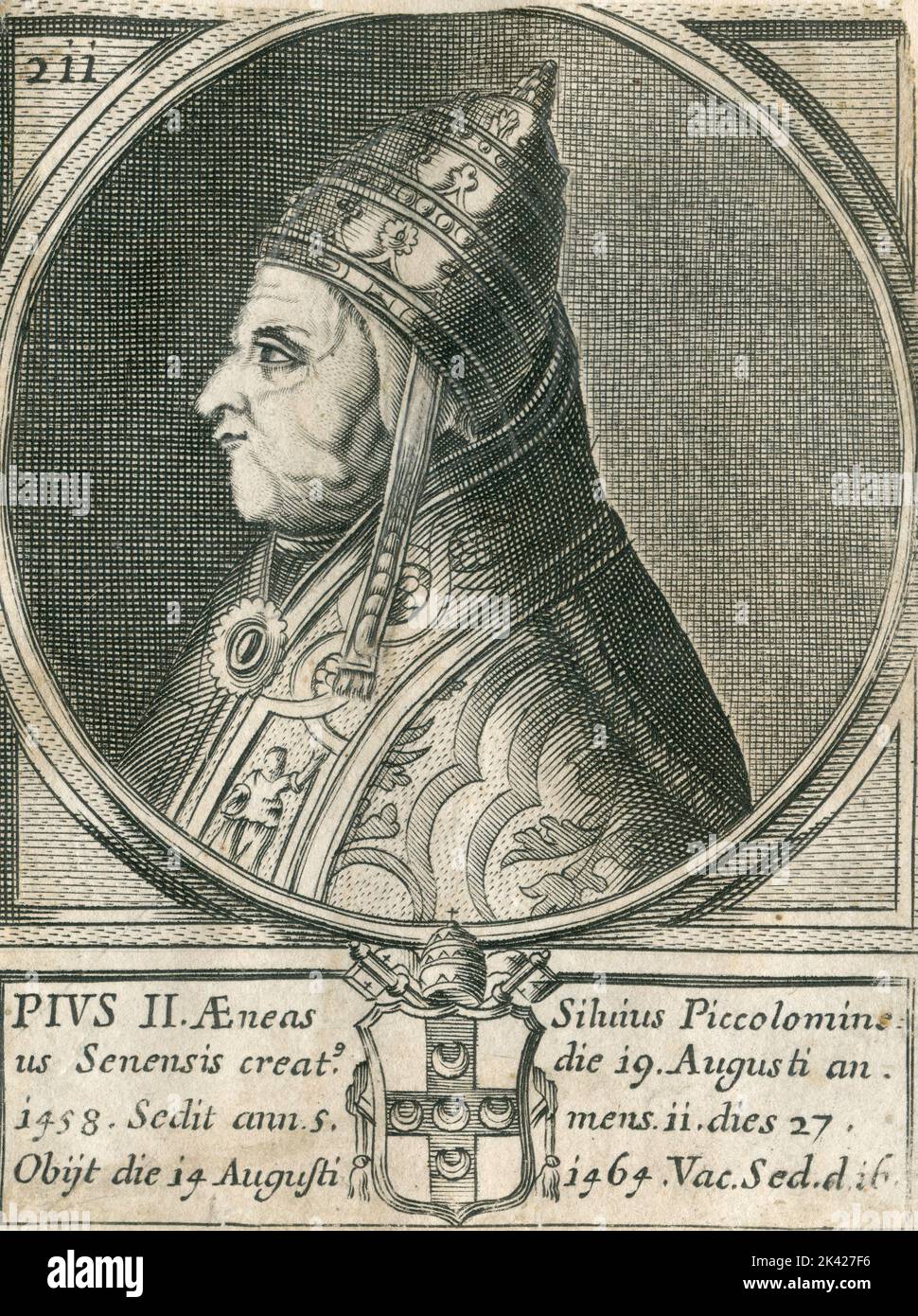 Ritratto di Papa Pio II, inciso dal Summorum Romanorum Pontificum di Giovanni Giacomo de' Rossi, 1675 Foto Stock