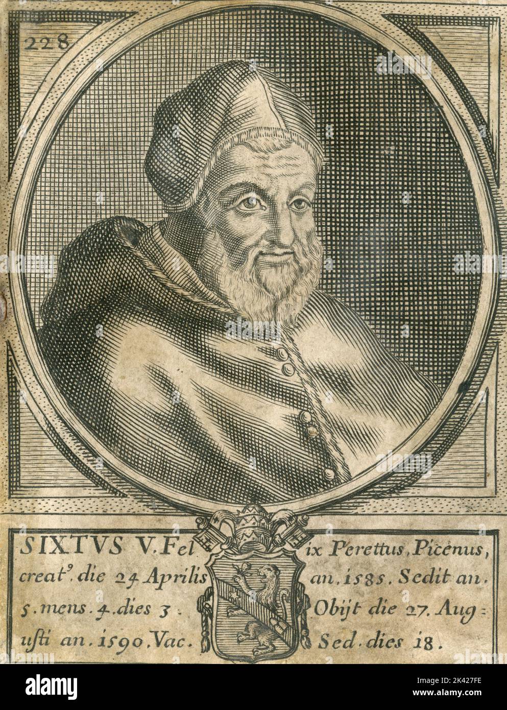 Ritratto di Papa Sisto V, incisione del Summorum Romanorum Pontificum di Giovanni Giacomo de' Rossi, 1675 Foto Stock