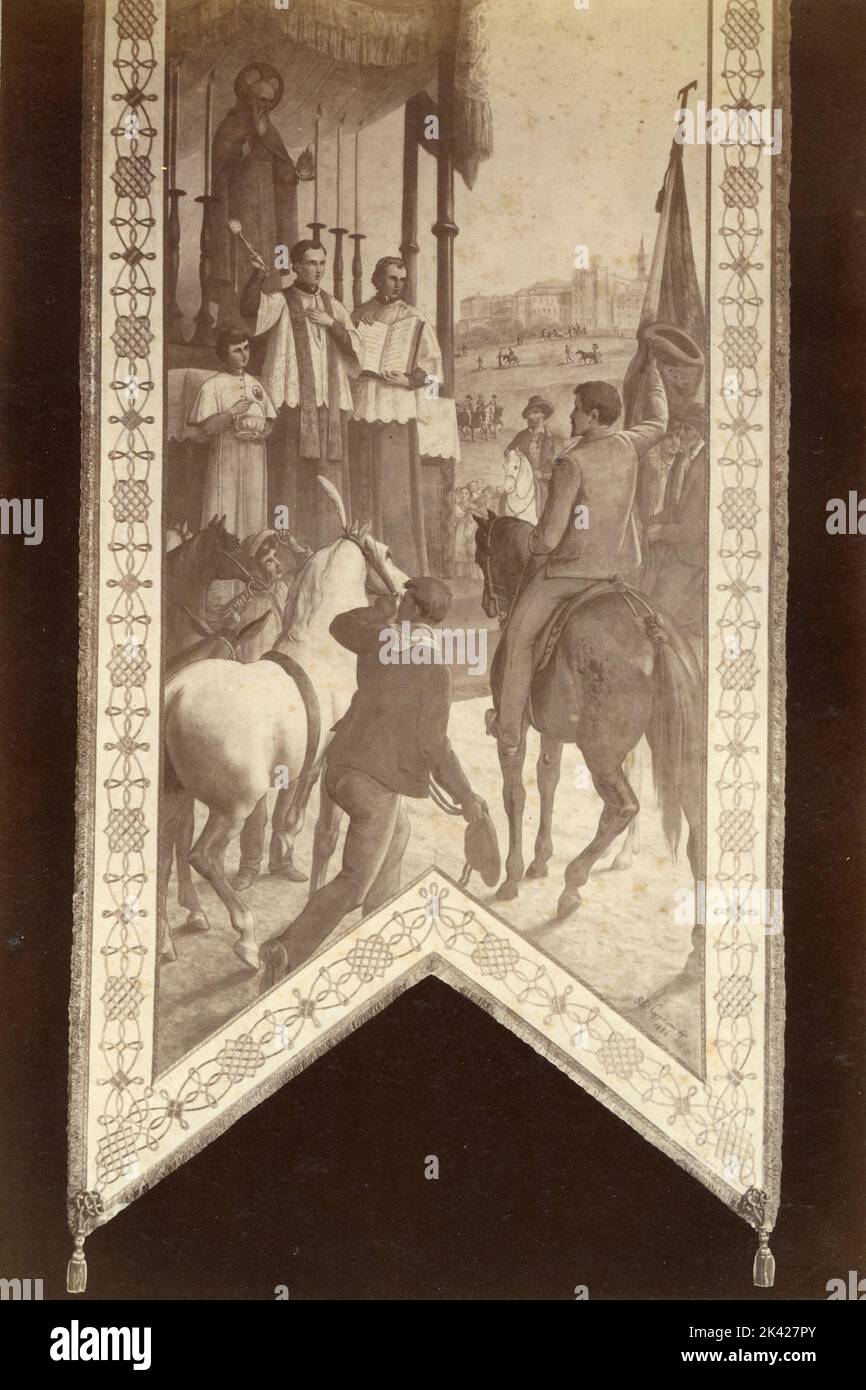 Sacerdote benedicting uomini con cavalli, dipinto dell'artista italiano Silverio Capparoni, 1886 Foto Stock