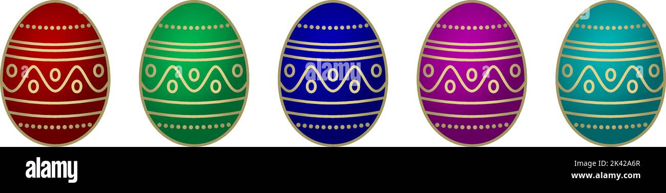 Set vettoriale di uovo di Pasqua. Uova incorniciate in oro con colori diversi su sfondo bianco isolato. Cinque uova di Pasqua felici in oro, rosso, verde, blu, viola. Illustrazione Vettoriale