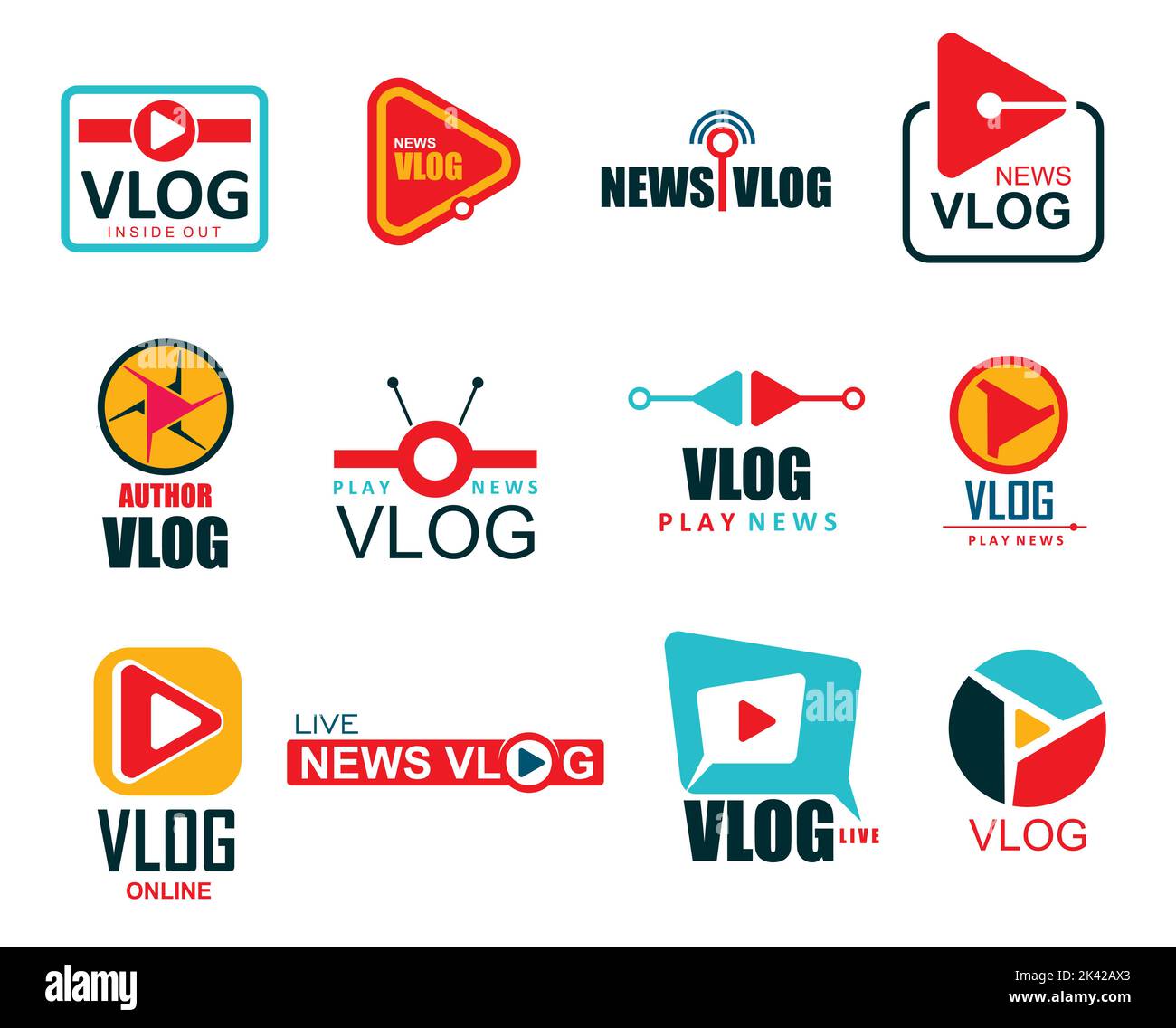 Icone vlog. Trasmissione TV, live streaming. Video blog on-line, notizie televisive, vlogger canali di colore segni, live video broadcast e social network media simboli vettoriali con pulsante di riproduzione e antenna Illustrazione Vettoriale
