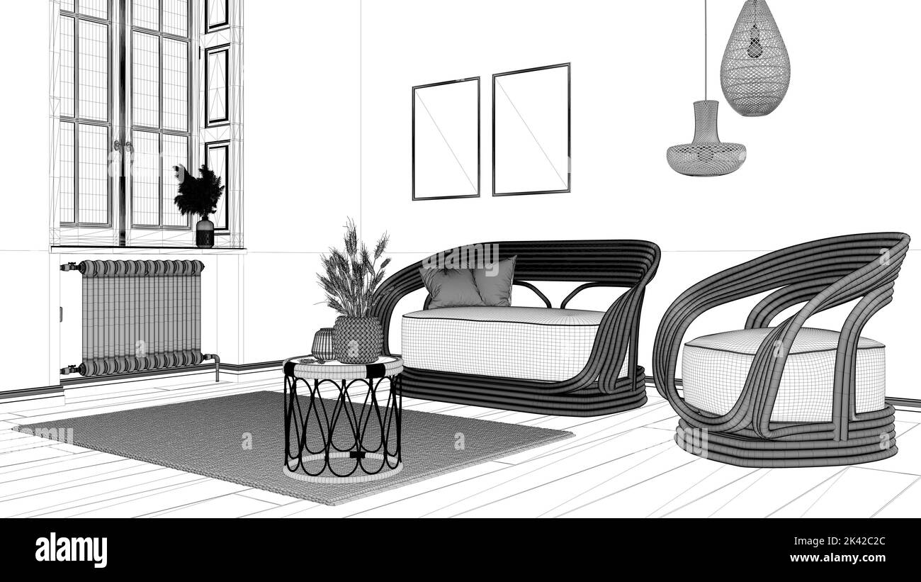 Progetto BluePrint, accogliente soggiorno in legno, cornice mock up, carta da parati a righe, divano in rattan e poltrone, tavolino con decorazioni. Moquette e parq Foto Stock