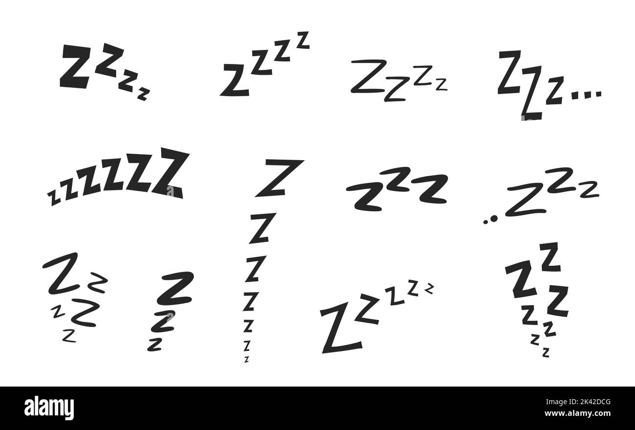ZZZ ZZZZ letto sonno snore icone e snooze nap Z simboli vettoriali suono. Sonnolento sbadiglio o sveglia ZZZ doodle linea icone di insonnia sonno e la notte di goodnight profondo sonno, snore e snoze espressioni Illustrazione Vettoriale