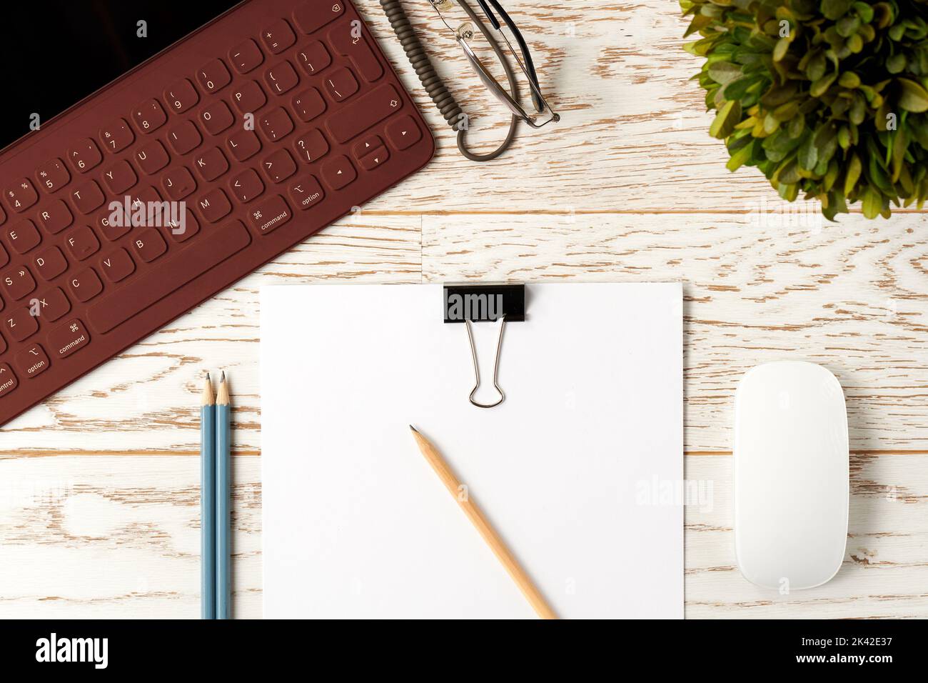 Piano scrivania freelance di design in legno. Tastiera per notebook, carte da disegno, matite, piante da casa Foto Stock