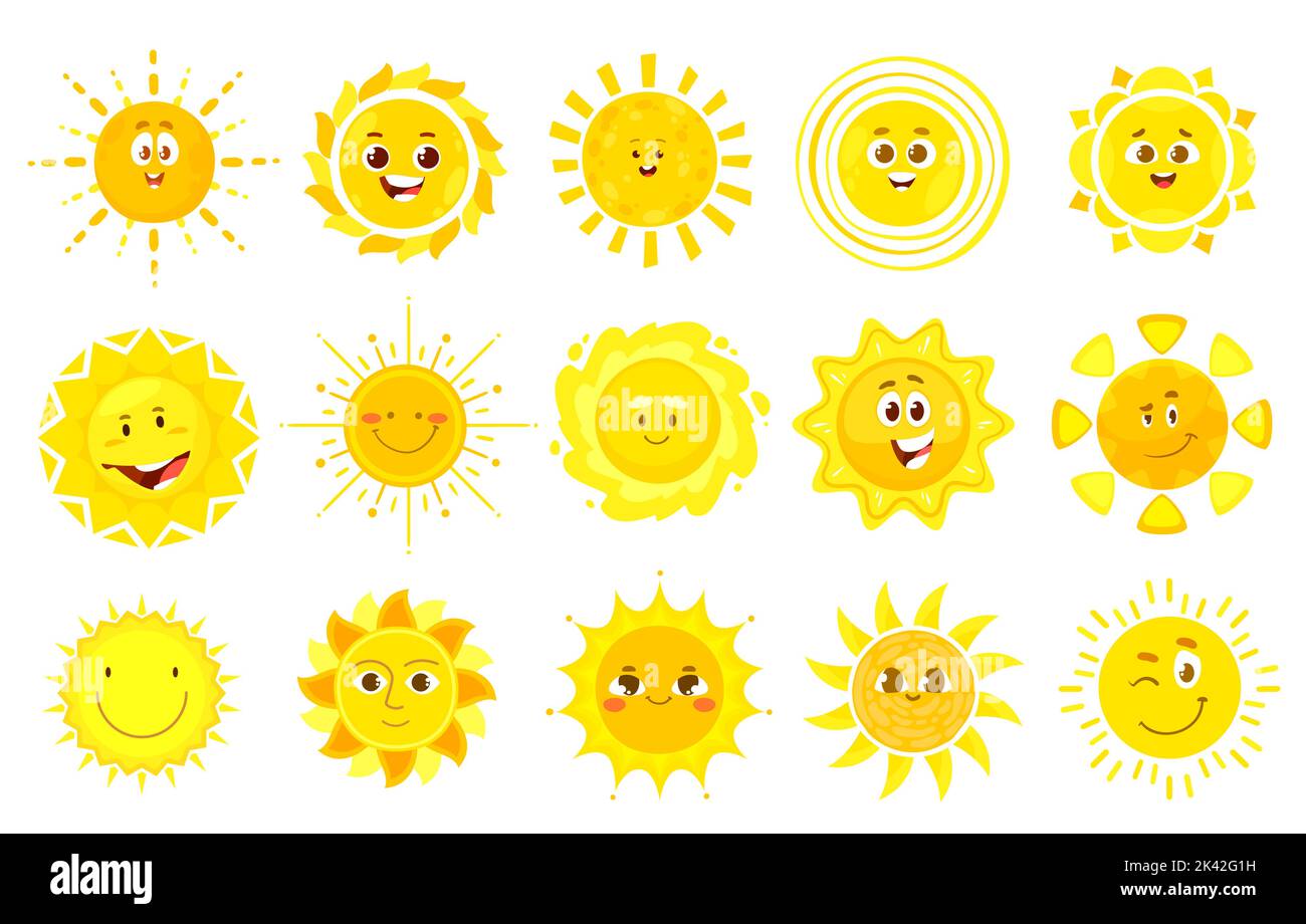 Personaggi del sole, cartoni animati capretti sorride con il volto felice, icone vettoriali del tempo soleggiato. Simpatici simpatici personaggi del sole o allegri emoticon e emoji soleggiati con espressioni, sole splendente che vana, ridendo nel sorriso Illustrazione Vettoriale