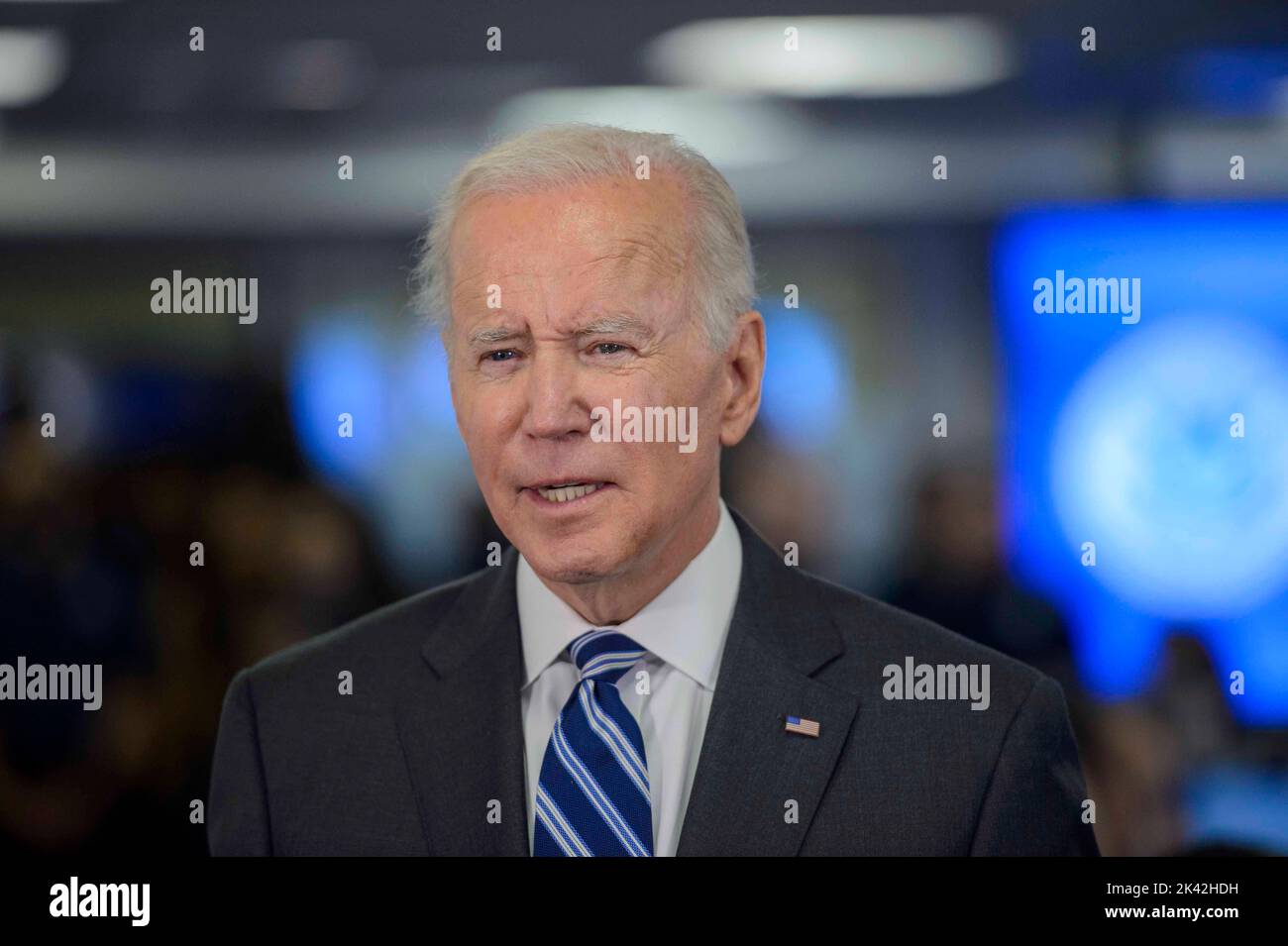 Washington, Stati Uniti . 29th Set, 2022. Il presidente Joe Biden parla durante una conferenza stampa dopo essere stato informato sull'impatto dell'uragano Ian e gli sforzi di risposta del governo federale in corso presso la sede centrale della FEMA a Washington, DC giovedì 29 settembre 2022. Foto di Bonnie Cash/Pool/Sipa USA Credit: Sipa USA/Alamy Live News Foto Stock