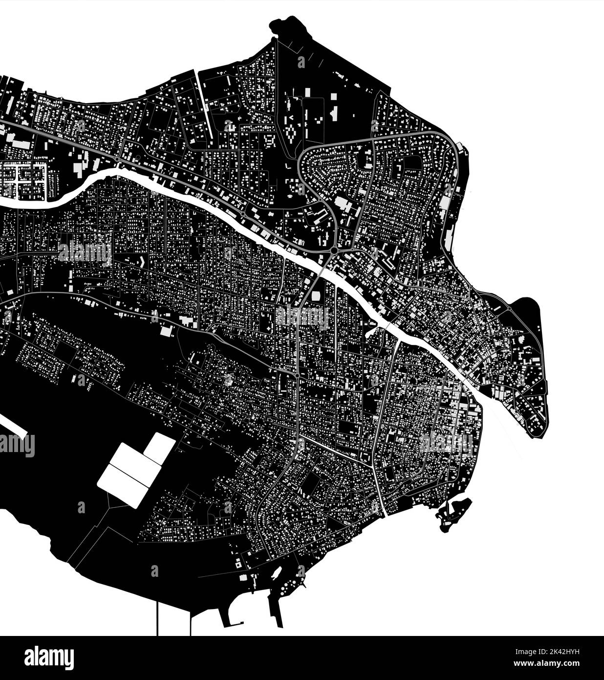 Mappa vettoriale Belize. Mappa vettoriale dettagliata dell'area amministrativa della città del Belize. Poster sulla città con vista metropolitana dell'aria. Terra nera con edifici bianchi, w Illustrazione Vettoriale