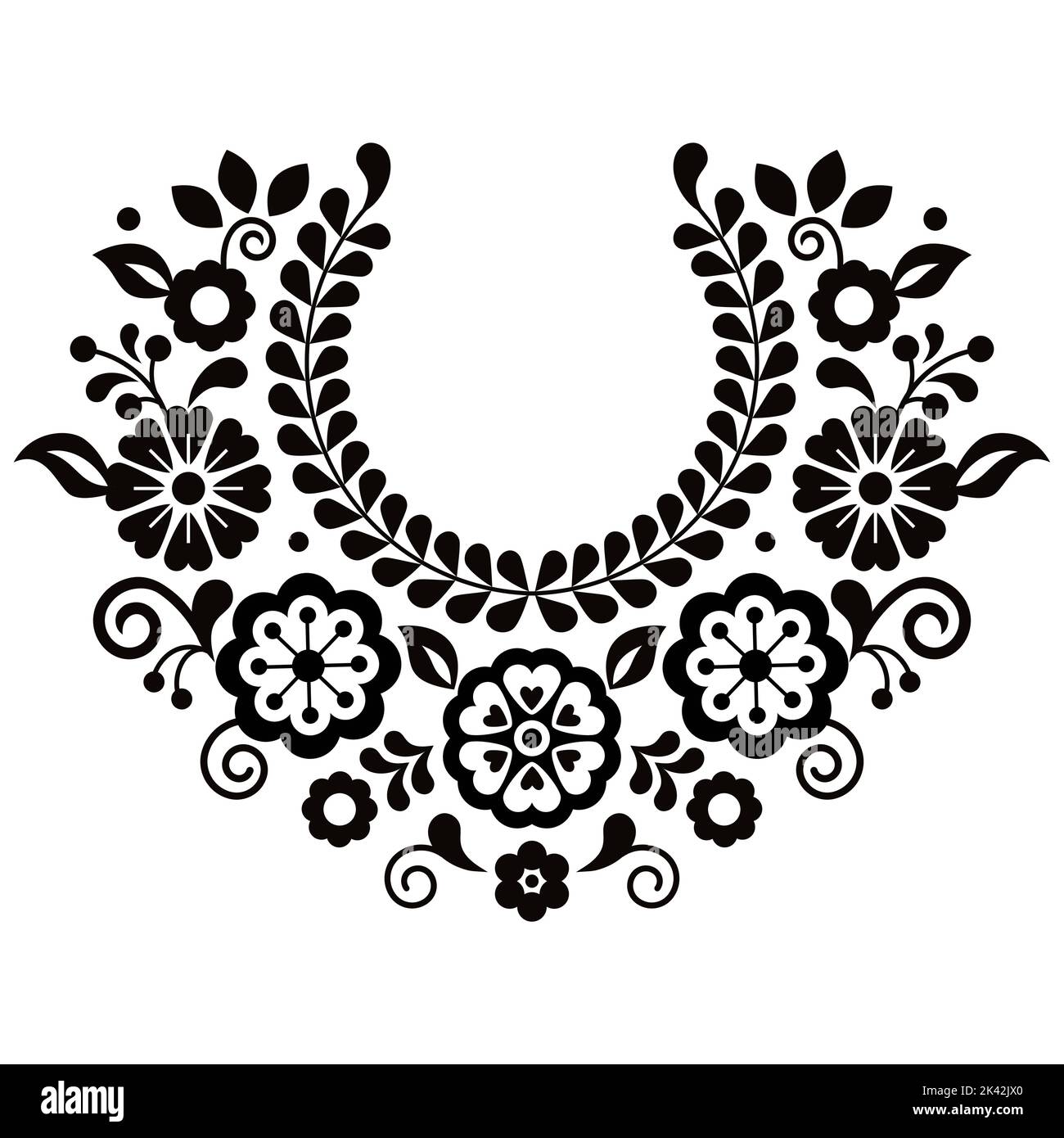 Modello vettoriale di stile tradizionale messicano dell'arte popolare con fiori, disegno floreale a forma di corona bianca e nera ispirato dal ricamo tradizionale di Me Illustrazione Vettoriale