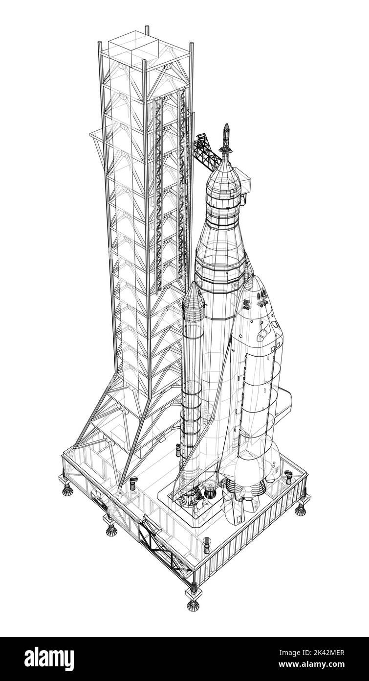 Razzo spaziale sul pad di lancio. Rappresentazione vettoriale di 3D Illustrazione Vettoriale