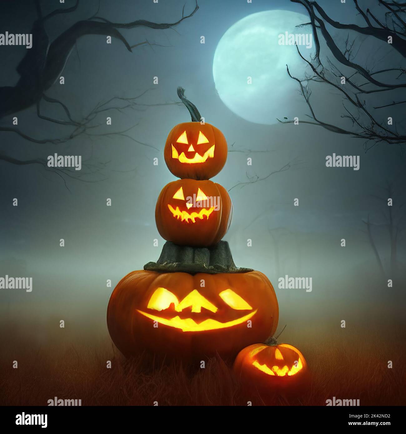 3D resa di mazzo di zucche di Halloween jack-o-lanterna contro la Luna piena Foto Stock