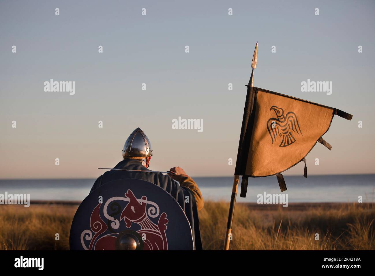 Guerriero vichingo in piedi su una spiaggia con banner che mostra corvo e shiled di Fenrir il lupo Foto Stock