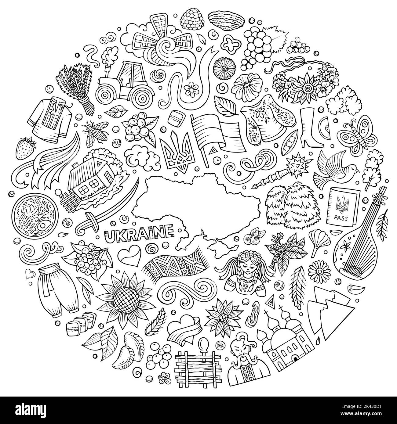 Set di oggetti, simboli e oggetti cartoni animati ucraini Illustrazione Vettoriale