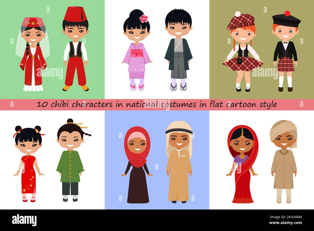 Set di simpatici personaggi chibi in costumi nazionali in stile fumetto piatto. Illustrazione vettoriale Illustrazione Vettoriale