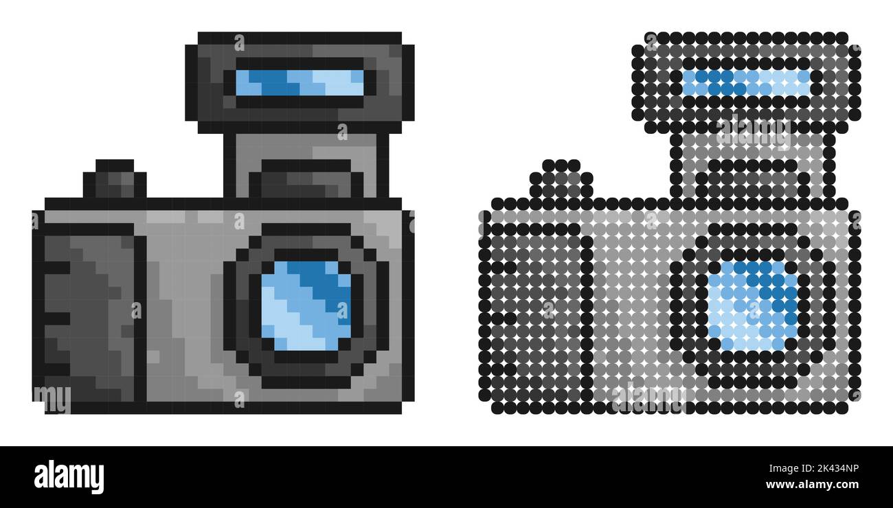 Icona pixel. Macchina fotografica, attrezzature per fotografia e selfie. Giornata mondiale della fotografia 19th agosto. Semplice vettore di gioco retrò isolato su sfondo bianco Illustrazione Vettoriale