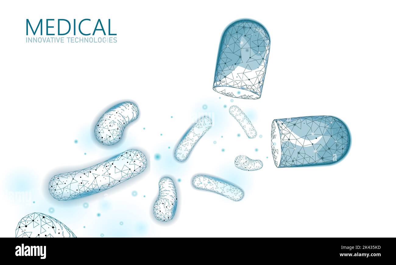 I batteri 3D bassa poli rendono i probiotici. Una sana digestione normale flora di intestino umano per la produzione di yogurt. La scienza moderna medicina tecnologia Illustrazione Vettoriale