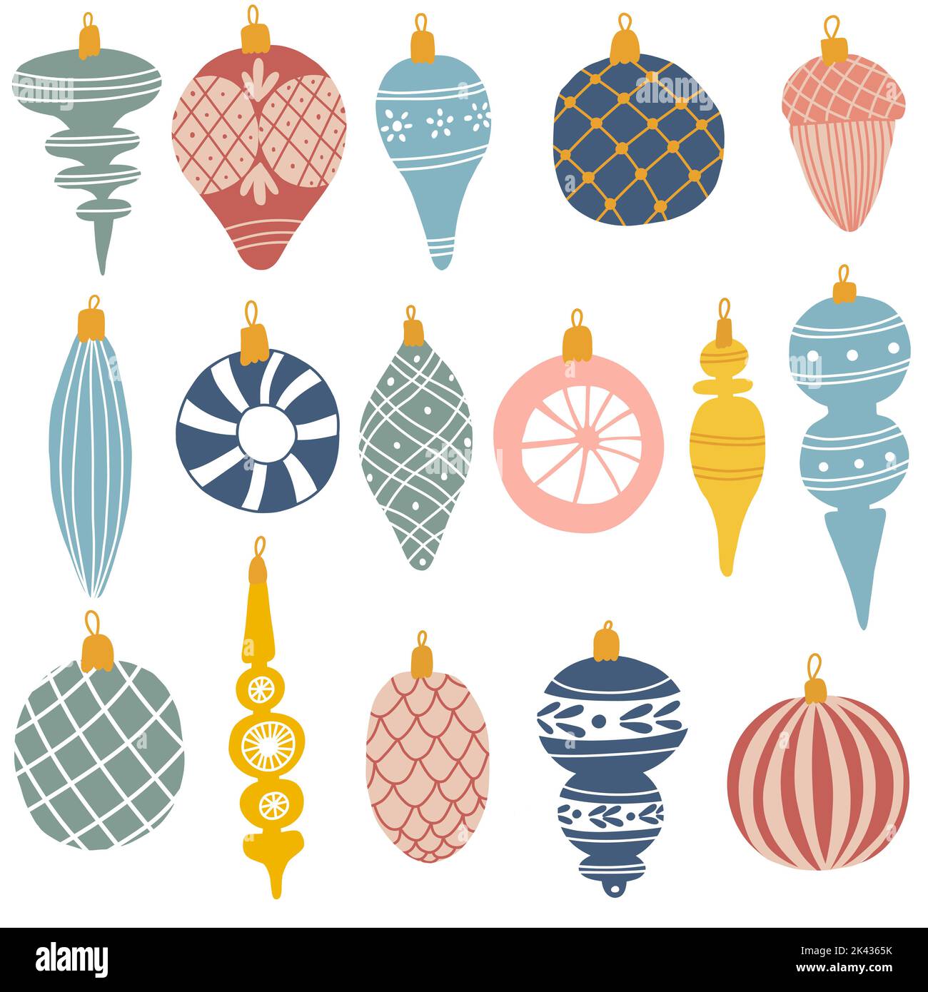 Set di colorati ornamenti natalizi in stile disegnato a mano. Illustrazione vettoriale delle decorazioni per l'albero di Natale Illustrazione Vettoriale