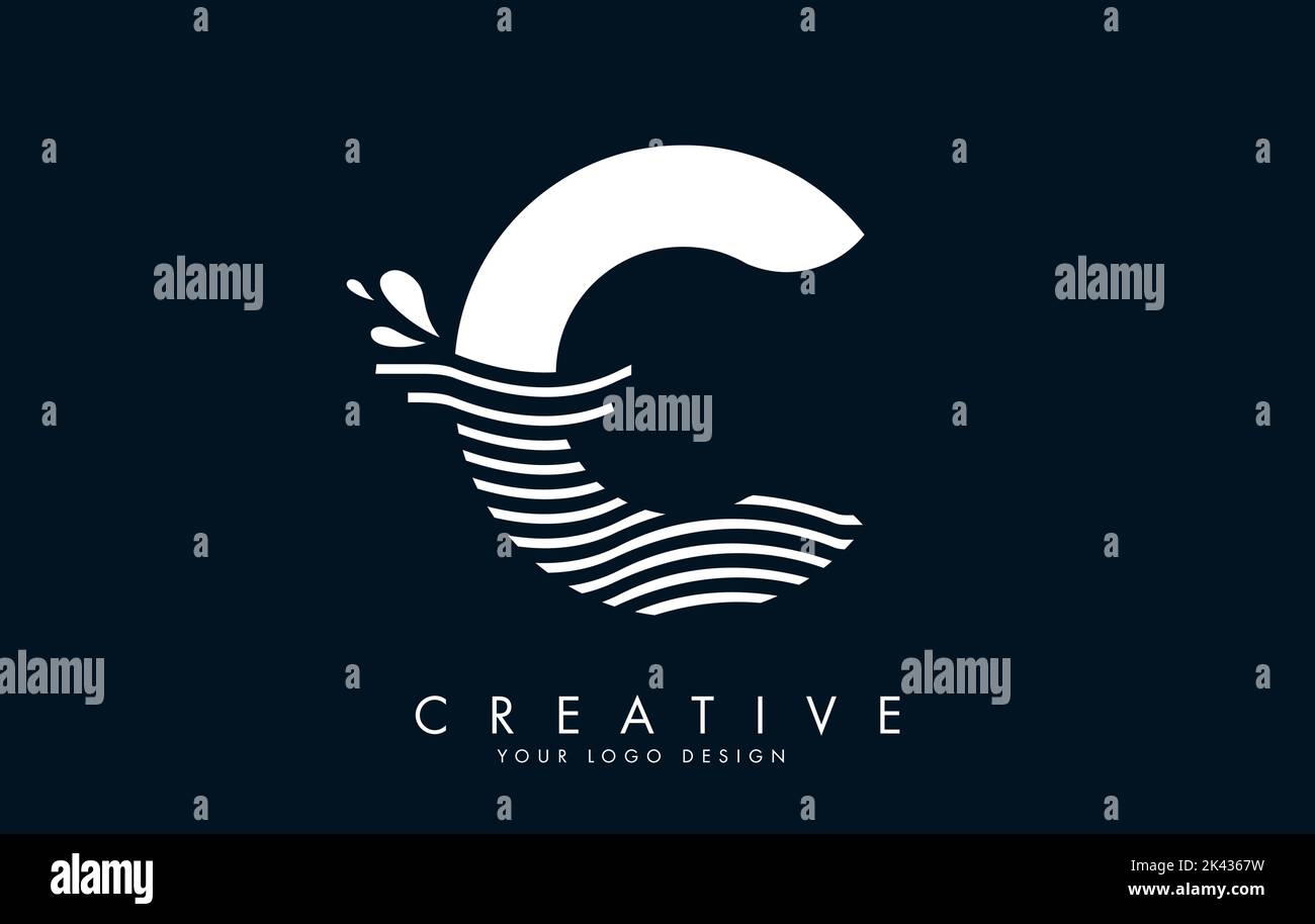 Logo C Letter bianco con onde e gocce d'acqua disegno Vector Illustration. Illustrazione Vettoriale